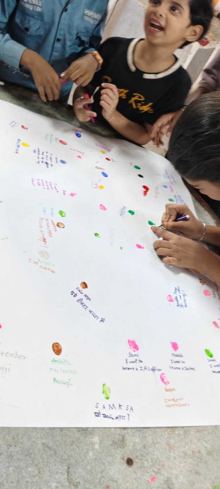 Children adding colourful fingerprints and messages to a shared activity sheet